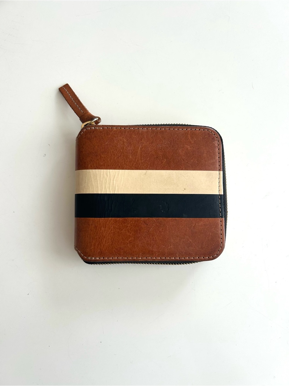 Clare V. Brown Leather Zipper Wallet with Cream and Black Stripes
